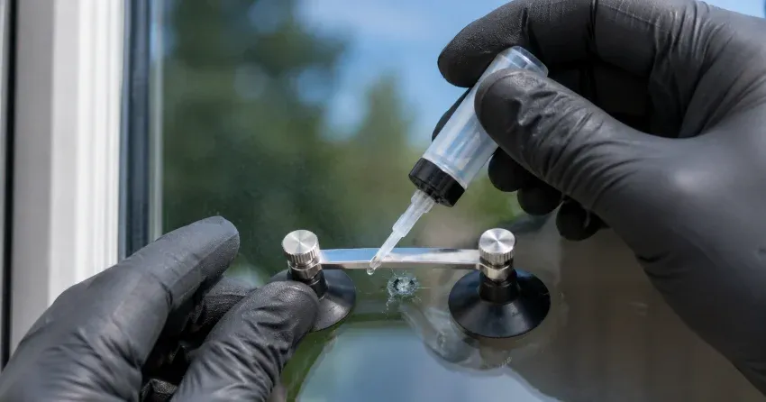 technician performing chipped glass repair on a window in Summerville, Norwich