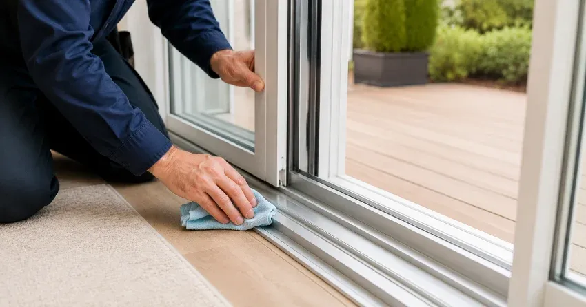 technician inspecting a sliding patio door track in Bond