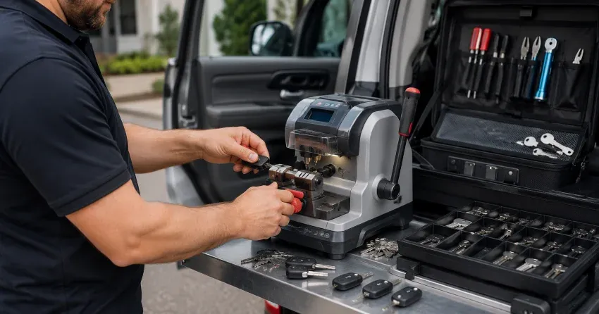 technician cutting a replacement car door lock key in Bond