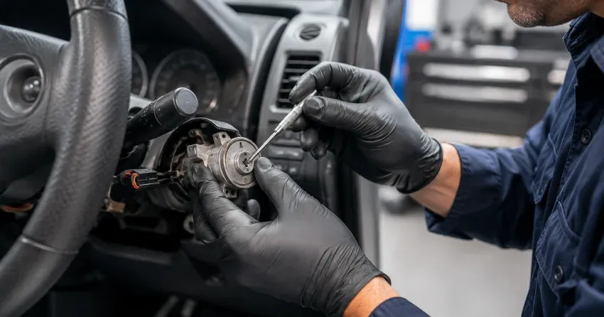 technician diagnosing an ignition lock repair issue in Cornell, Norwich