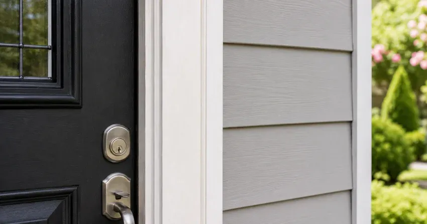 technician inspecting door jamb behind cracked casing in Cornell, Norwich home