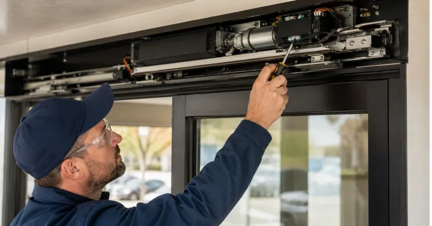 technician completing automatic door repair on residential property in Spring Ford, Norwich