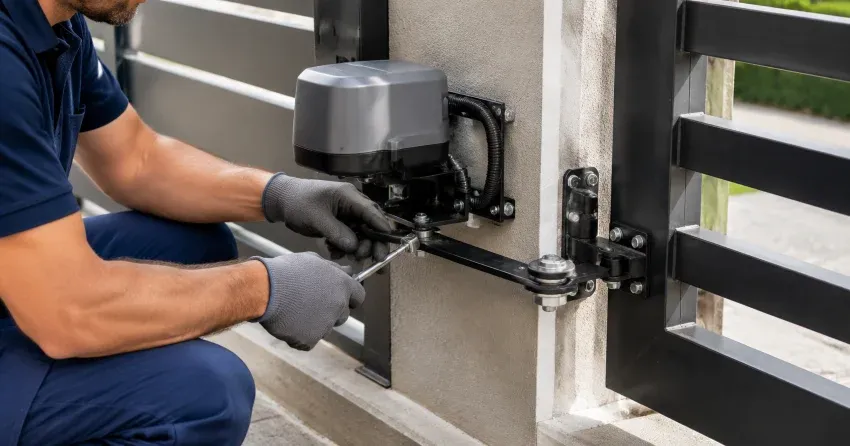 technician diagnosing automatic gate motor and control panel in Holbrook, Norwich