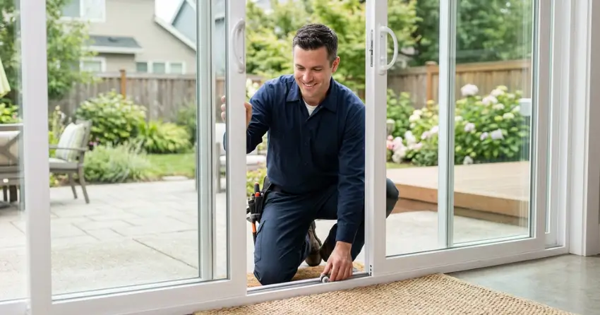 technician diagnosing a sticking patio door in Beaconsfield, Norwich
