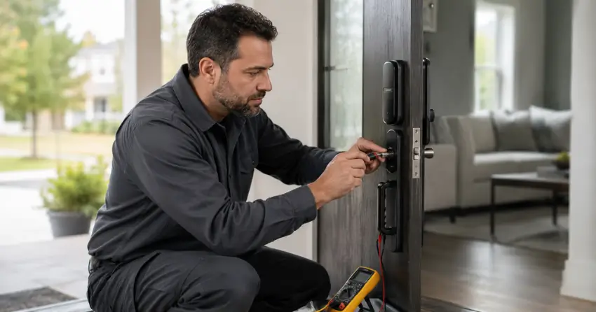 technician diagnosing automatic door lock mechanism on residential door in Blows, Norwich