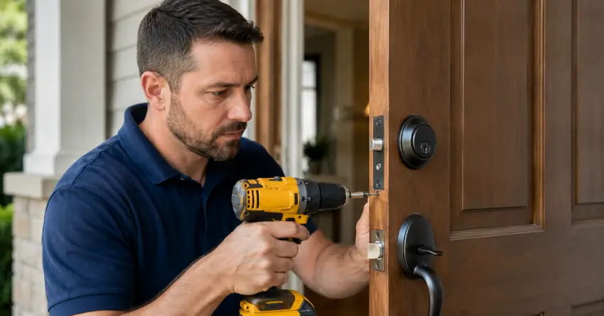 technician installing a new deadbolt during Change Door Lock Cornell, Norwich service