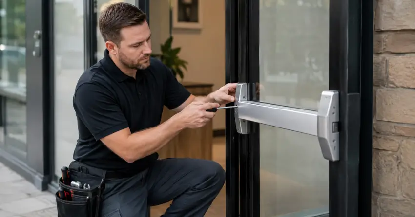 commercial locksmith repairing exit device on storefront door Norwich