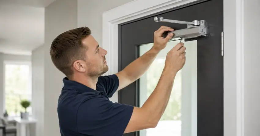 technician adjusting door closer hydraulic valve in Cornell, Norwich home