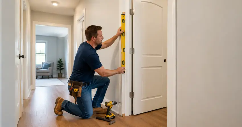 technician installing a pre-hung interior door in a home hallway Blows, Norwich