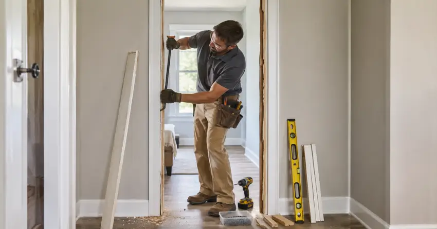 technician removing an old interior door frame during installation Rosanna, Norwich