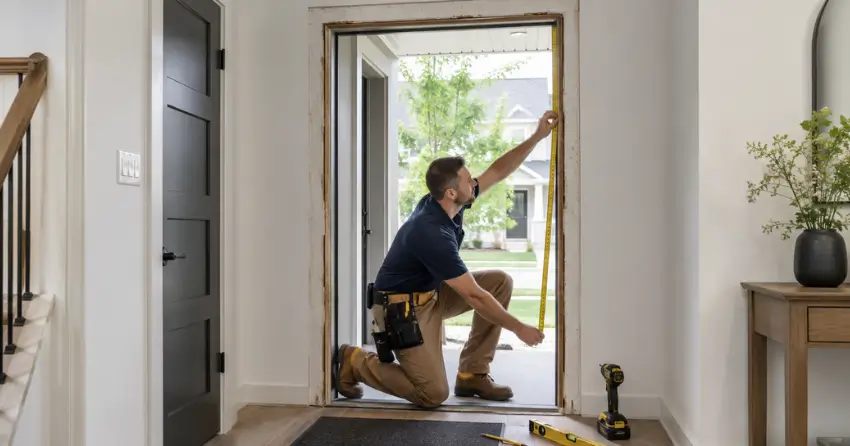 technician measuring a door frame before new door installation in Norwich