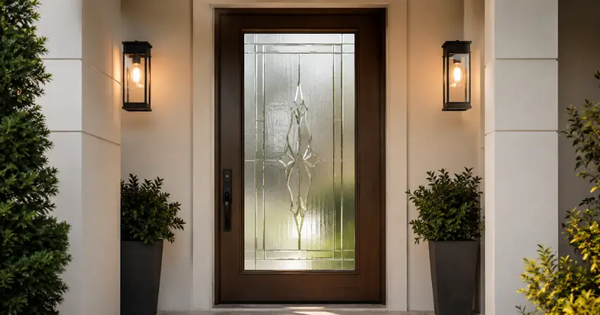 decorative frosted glass panel installed in a front door in New Durham, Norwich