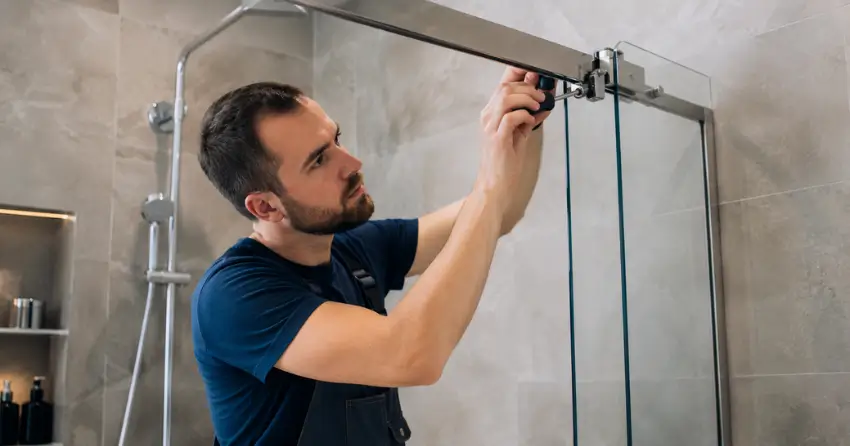 technician adjusting shower door hinge and track in Newark, Norwich