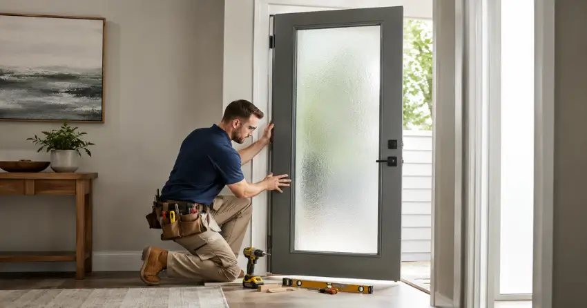 glass panel door installation with frosted privacy glass in residential setting in Cornell, Norwich