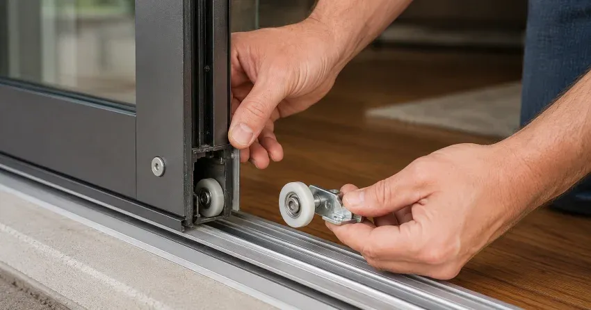 sliding door alignment Blows, Norwich technician adjusting roller track
