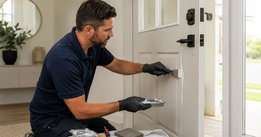 technician repairing fiberglass door surface crack in Norwich