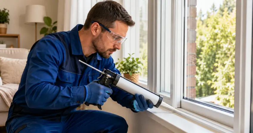 technician repairing window seal and frame in Norwich