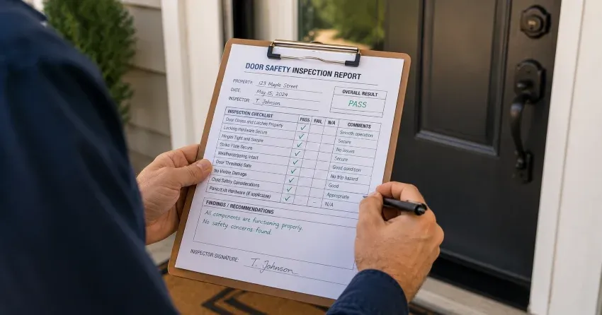 inspector checking strike plate and door frame during safety inspection in New Durham, Norwich