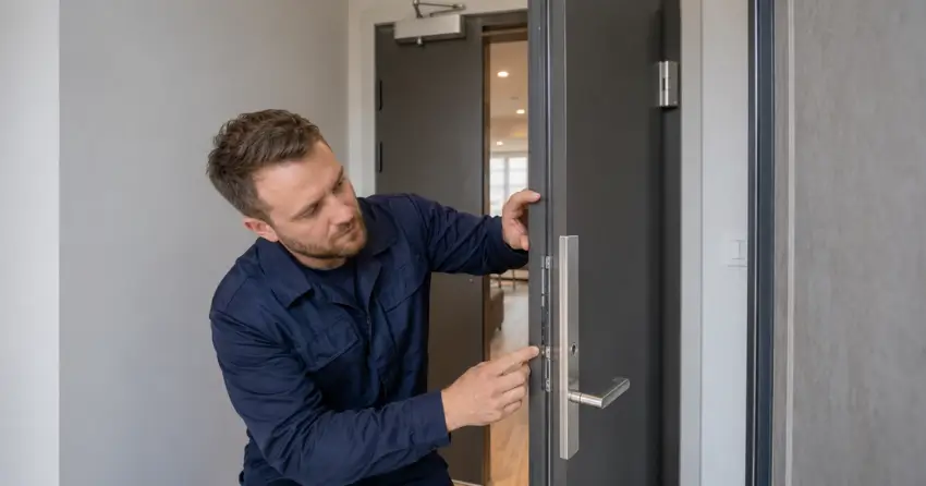 technician inspecting fire-rated door seal and hardware in Holbrook, Norwich
