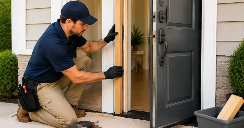 technician inspecting damaged door frame corner in Rock