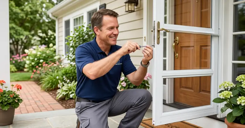 technician adjusting storm door hinge and closer in Beaconsfield, Norwich